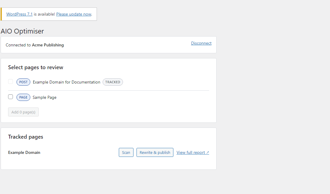 The AIO Optimiser plugin screen inside wp-admin, connected to an organisation and showing a tracked page with Scan and Rewrite & publish actions